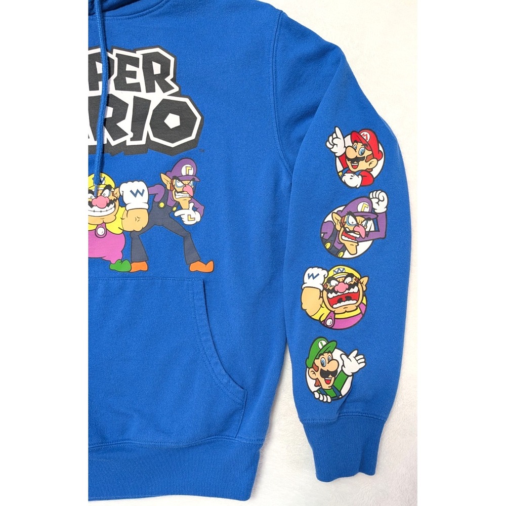 Official Nintendo Super Mario Blue Graphic Hoodie Mens Small Wario Luigi Sleeve - Picture 4 of 11